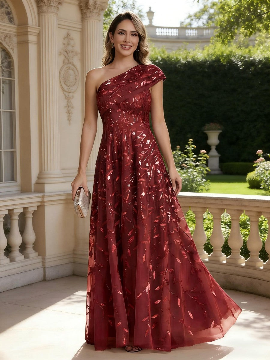 Robe mère de la mariée ligne A, une épaule, sans manches, longueur sol, imprimé floral, plissé et zip dos