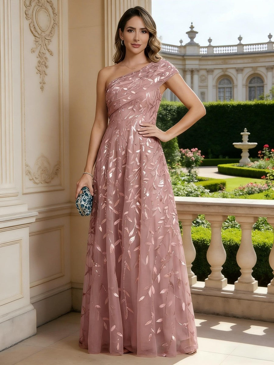 Robe mère de la mariée ligne A, une épaule, sans manches, longueur sol, imprimé floral, plissé et zip dos