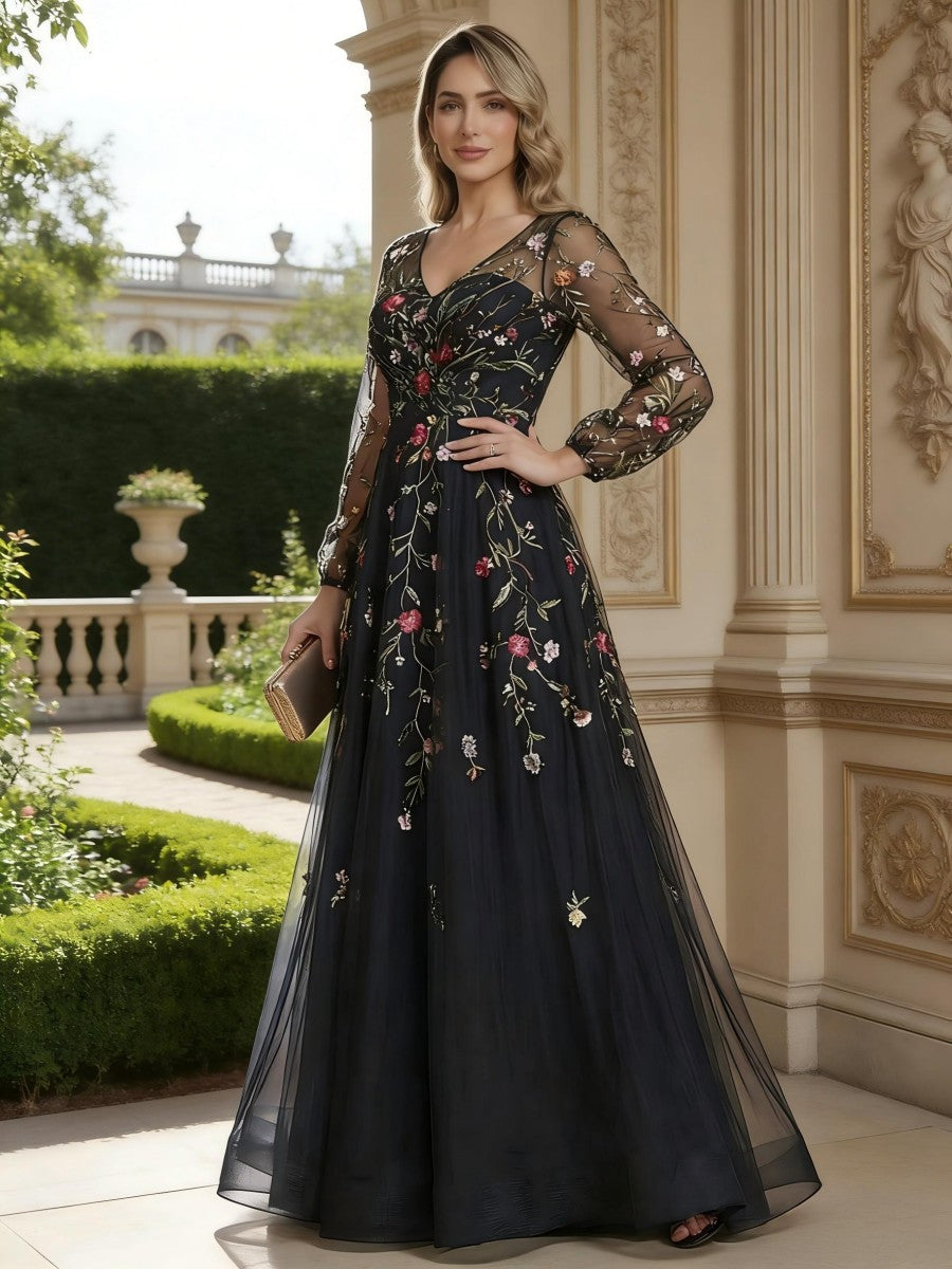 Robe mère de la mariée ligne A tulle, col V, manches longues, longueur sol, dentelle, appliques et zip dos