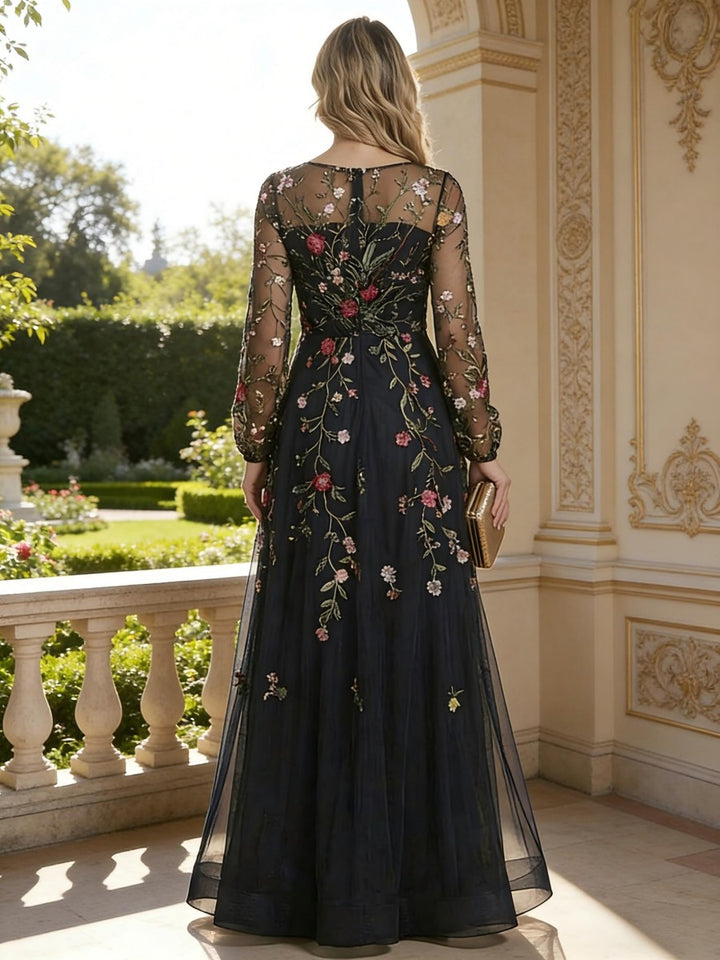 Robe mère de la mariée ligne A tulle, col V, manches longues, longueur sol, dentelle, appliques et zip dos