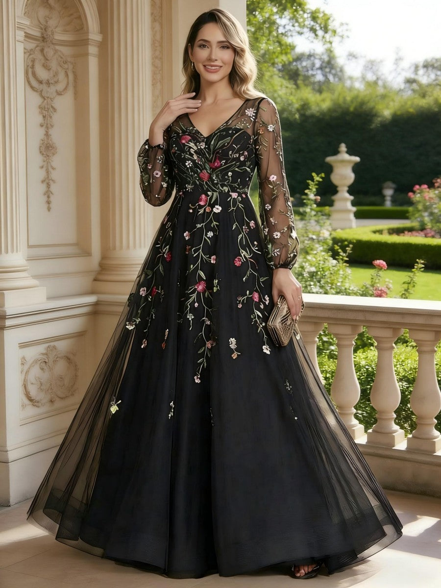 Robe mère de la mariée ligne A tulle, col V, manches longues, longueur sol, dentelle, appliques et zip dos