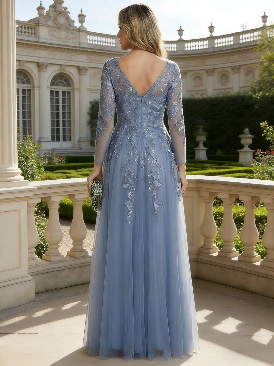 Robe mère de la mariée ligne A tulle, col V, manches longues, longueur sol, plissé, zip dos, dentelle et appliques