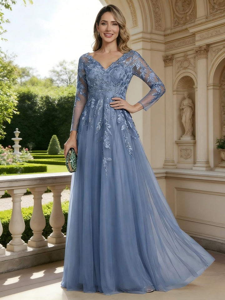 Robe mère de la mariée ligne A tulle, col V, manches longues, longueur sol, plissé, zip dos, dentelle et appliques