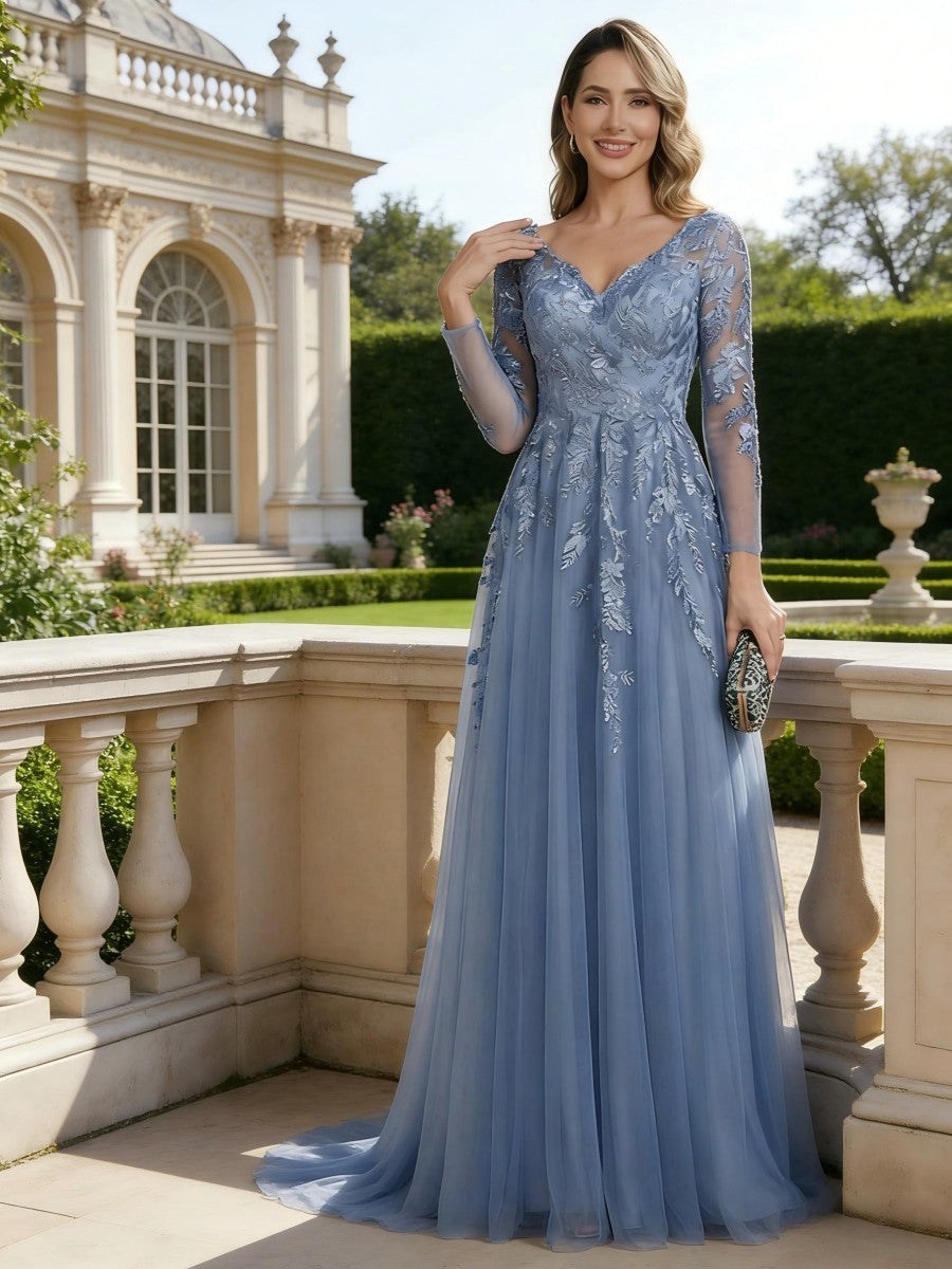 Robe mère de la mariée ligne A tulle, col V, manches longues, longueur sol, plissé, zip dos, dentelle et appliques