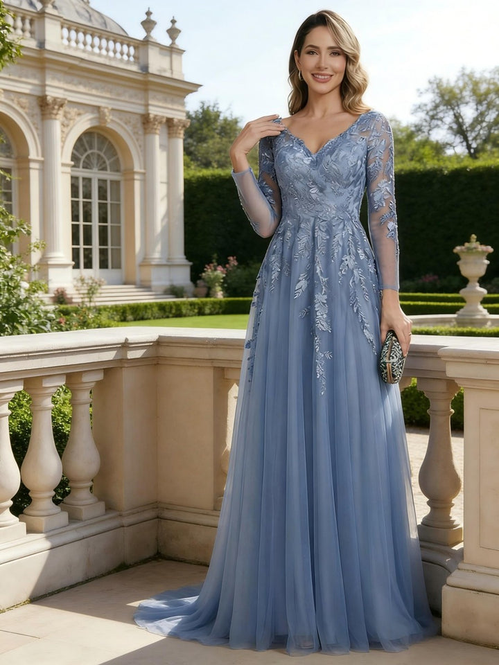 Robe mère de la mariée ligne A tulle, col V, manches longues, longueur sol, plissé, zip dos, dentelle et appliques