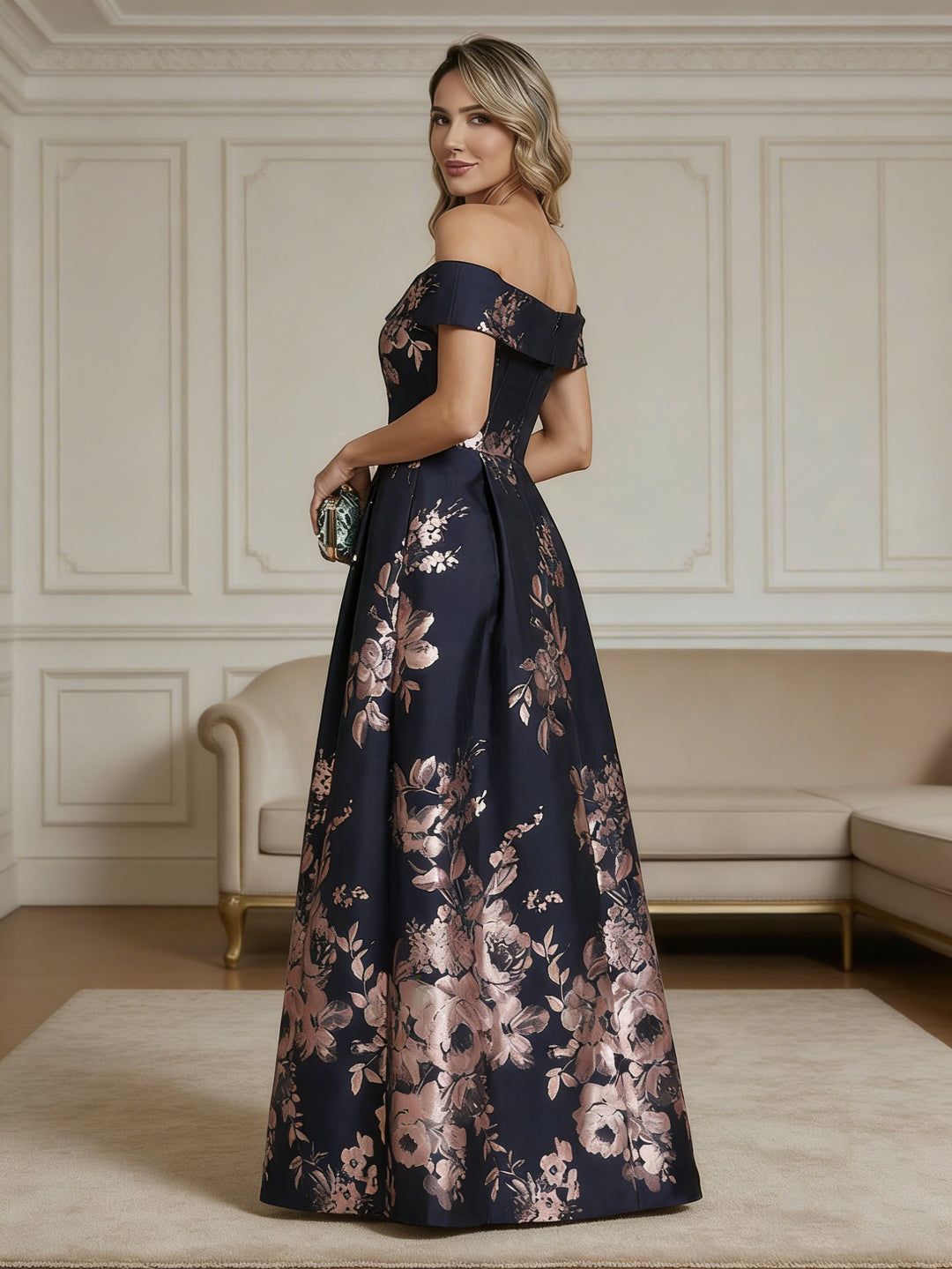 Robe mère de la mariée ligne A jacquard, manches tombantes, sans manches, longueur sol, imprimé floral, plissé et zip dos