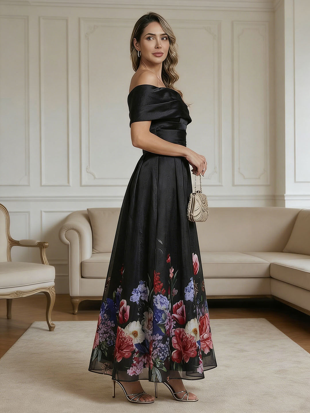 Robe mère de la mariée ligne A, corsage satin manches tombantes sans manches, jupe organza imprimé, longueur cheville