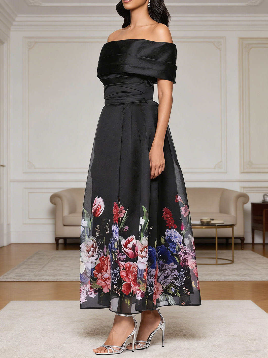 Robe mère de la mariée ligne A, corsage satin manches tombantes sans manches, jupe organza imprimé, longueur cheville