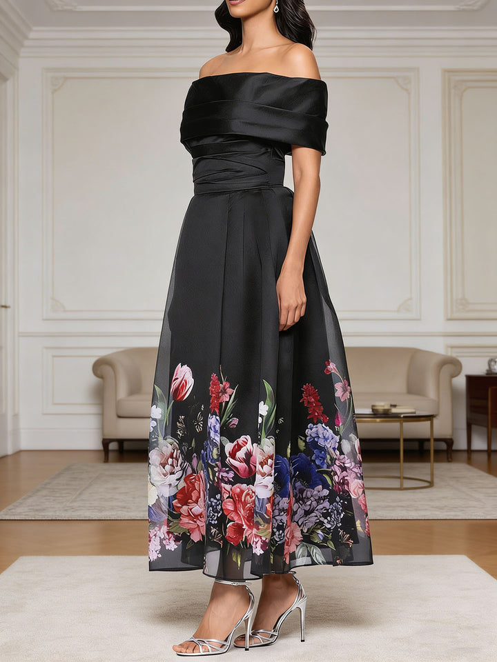 Robe mère de la mariée ligne A, corsage satin manches tombantes sans manches, jupe organza imprimé, longueur cheville