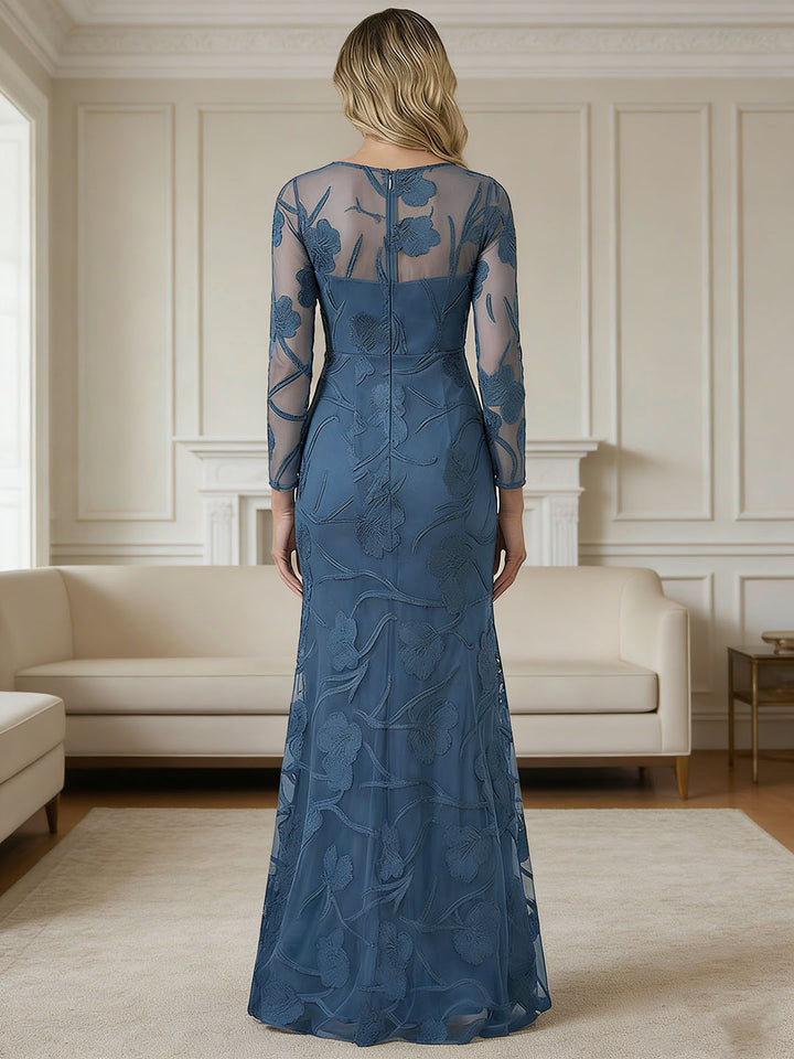 Robe mère de la mariée fourreau dentelle, col rond, manches longues, longueur sol, appliques et floral