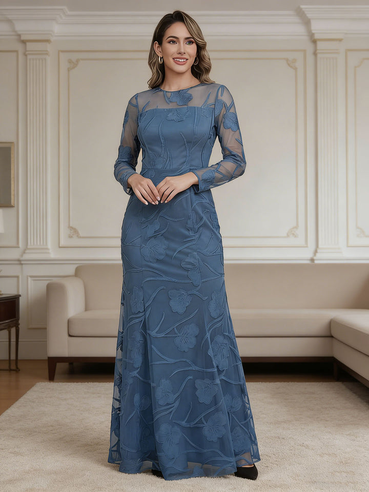 Robe mère de la mariée fourreau dentelle, col rond, manches longues, longueur sol, appliques et floral