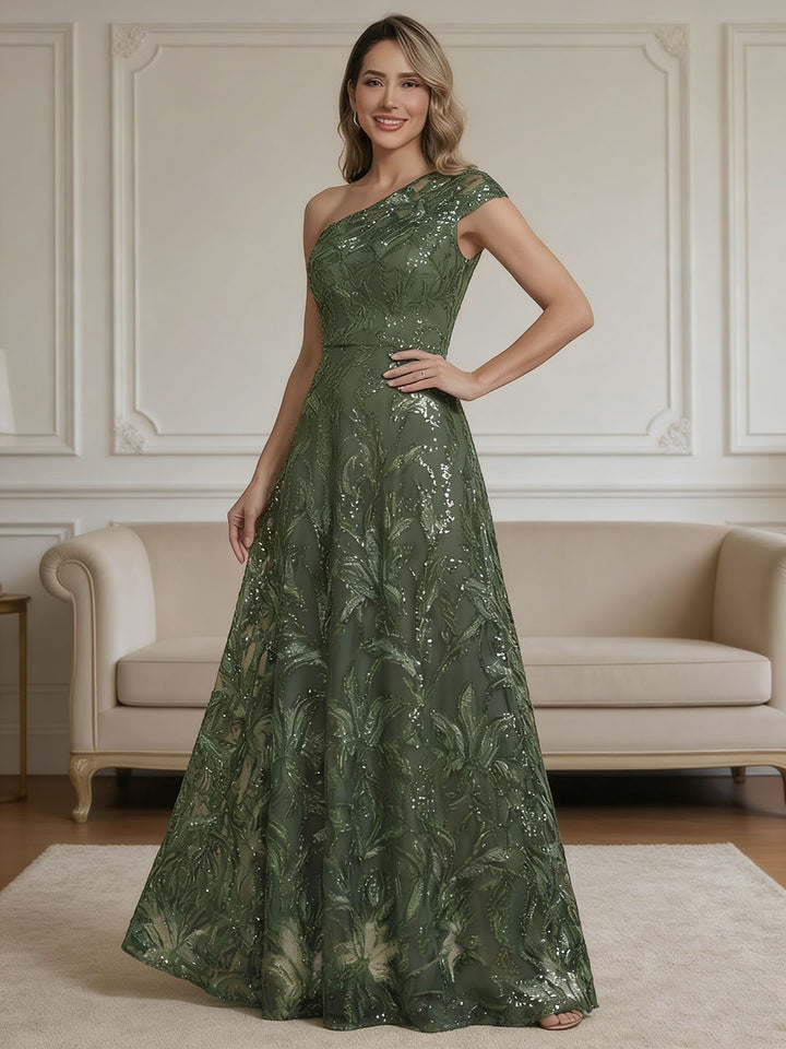 Robe mère de la mariée ligne A mousseline, une épaule, sans manches, longueur sol, perles, broderie, dentelle, sequins et fleurs