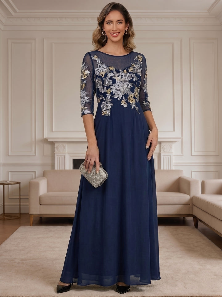 Robe mère de la mariée ligne A mousseline, col rond, manches mi-longues, longueur sol, plissé, zip dos, dentelle et appliques
