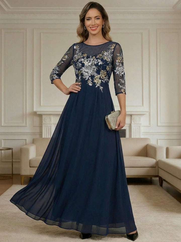 Robe mère de la mariée ligne A mousseline, col rond, manches mi-longues, longueur sol, plissé, zip dos, dentelle et appliques