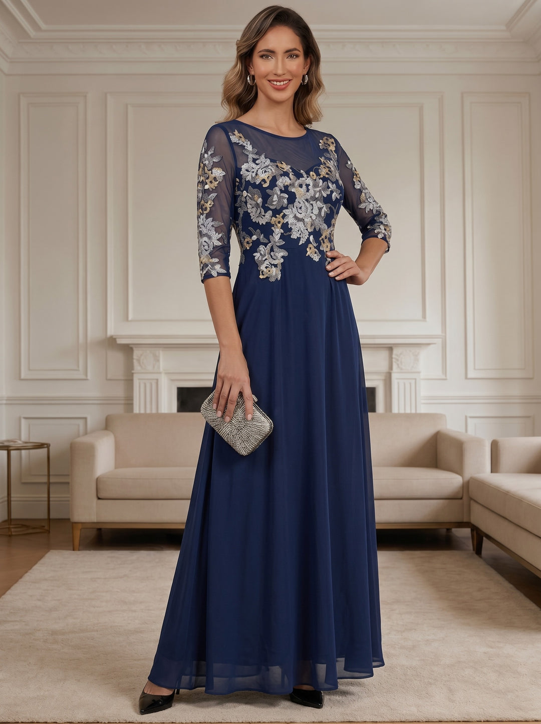Robe mère de la mariée ligne A mousseline, col rond, manches mi-longues, longueur sol, plissé, zip dos, dentelle et appliques