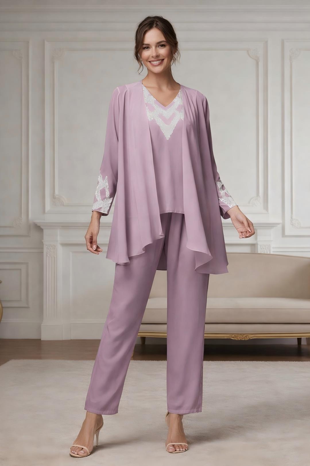 Ensemble pantalon 3 pièces mère de la mariée mousseline col V, paillettes