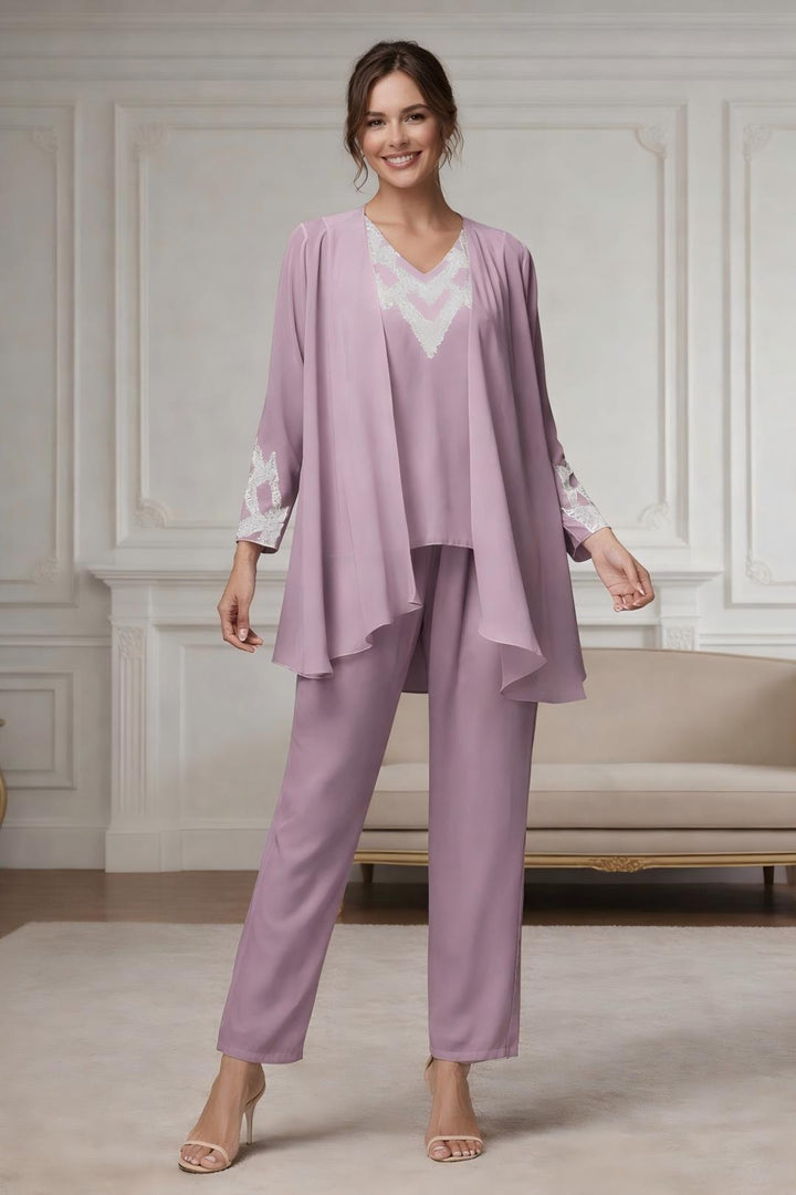Ensemble pantalon 3 pièces mère de la mariée mousseline col V, paillettes