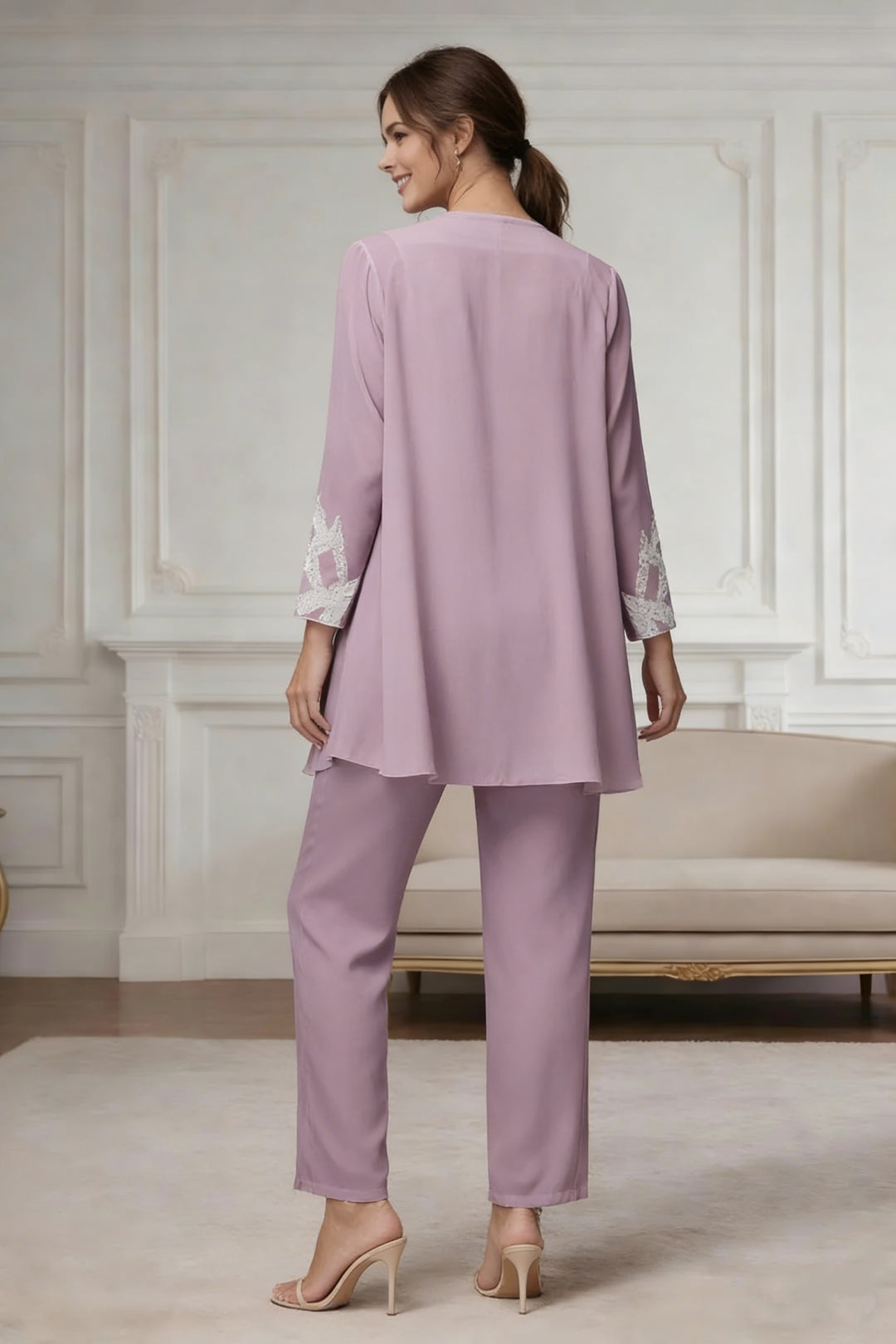 Ensemble pantalon 3 pièces mère de la mariée mousseline col V, paillettes