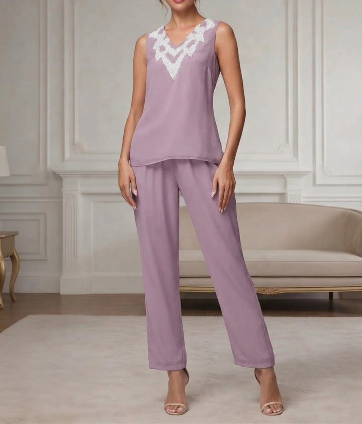Ensemble pantalon 3 pièces mère de la mariée mousseline col V, paillettes