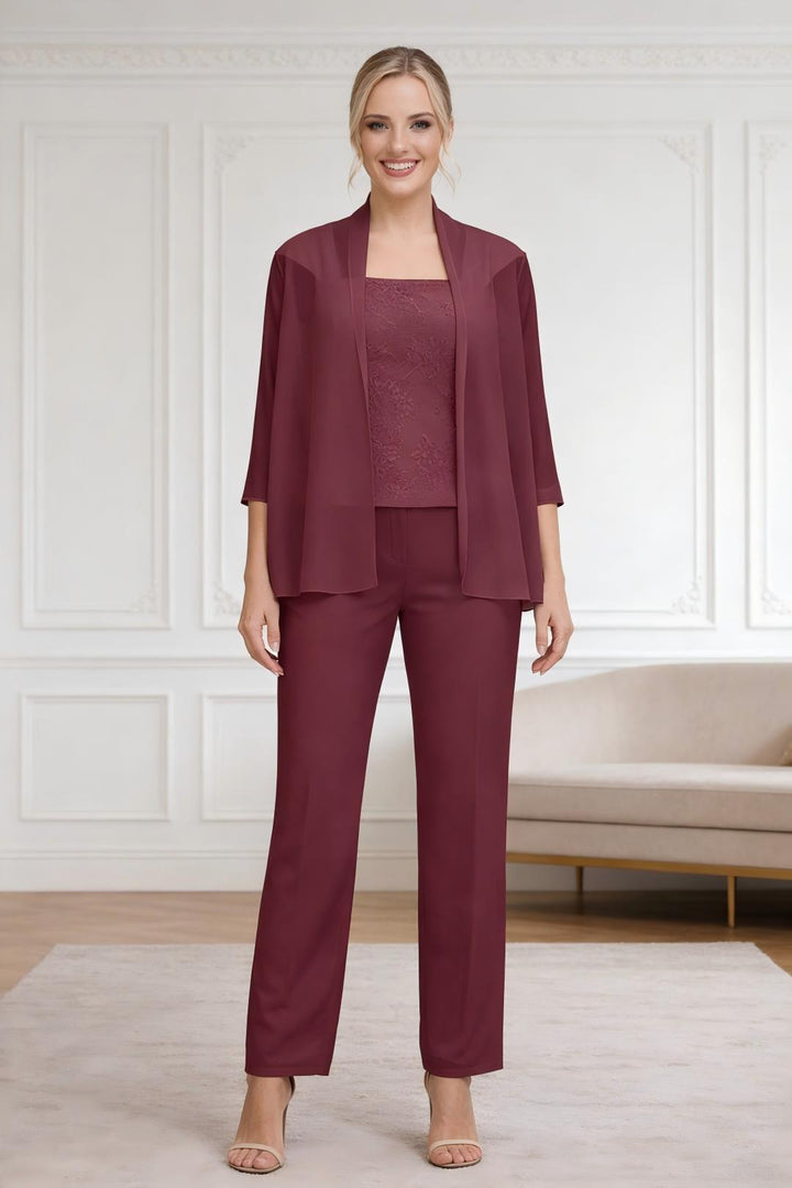 Ensemble pantalon 3 pièces mousseline dentelle mère de la mariée confortable