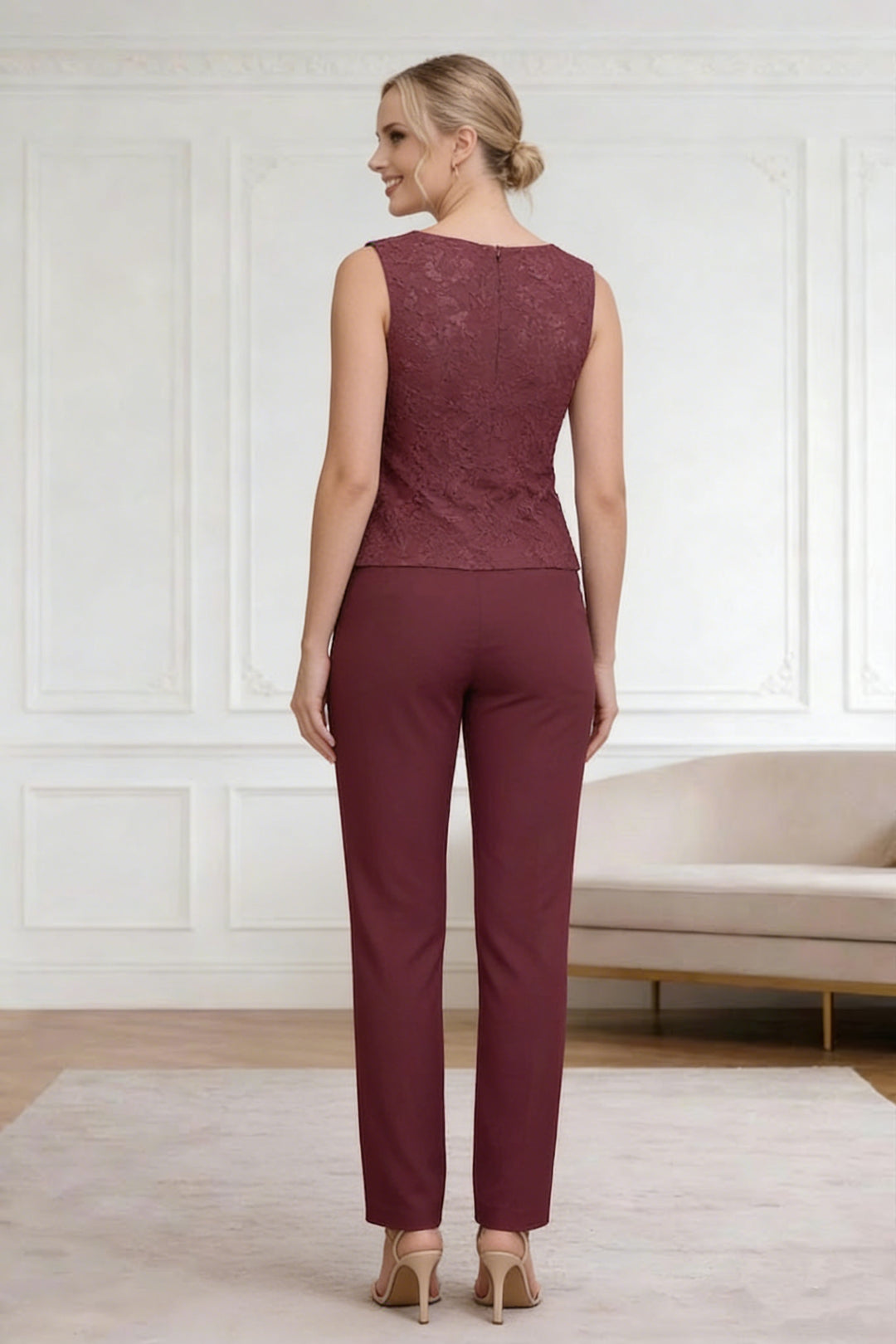 Ensemble pantalon 3 pièces mousseline dentelle mère de la mariée confortable