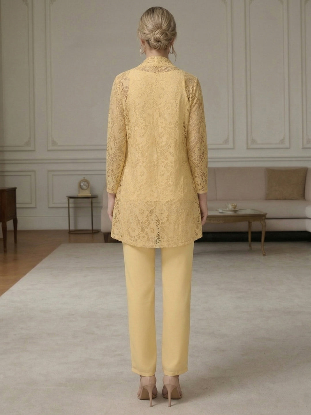 Ensemble pantalon 3 pièces mousseline dentelle mère de la mariée délicate
