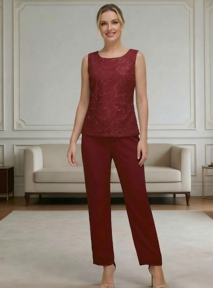 Ensemble pantalon 3 pièces mousseline dentelle mère de la mariée décente