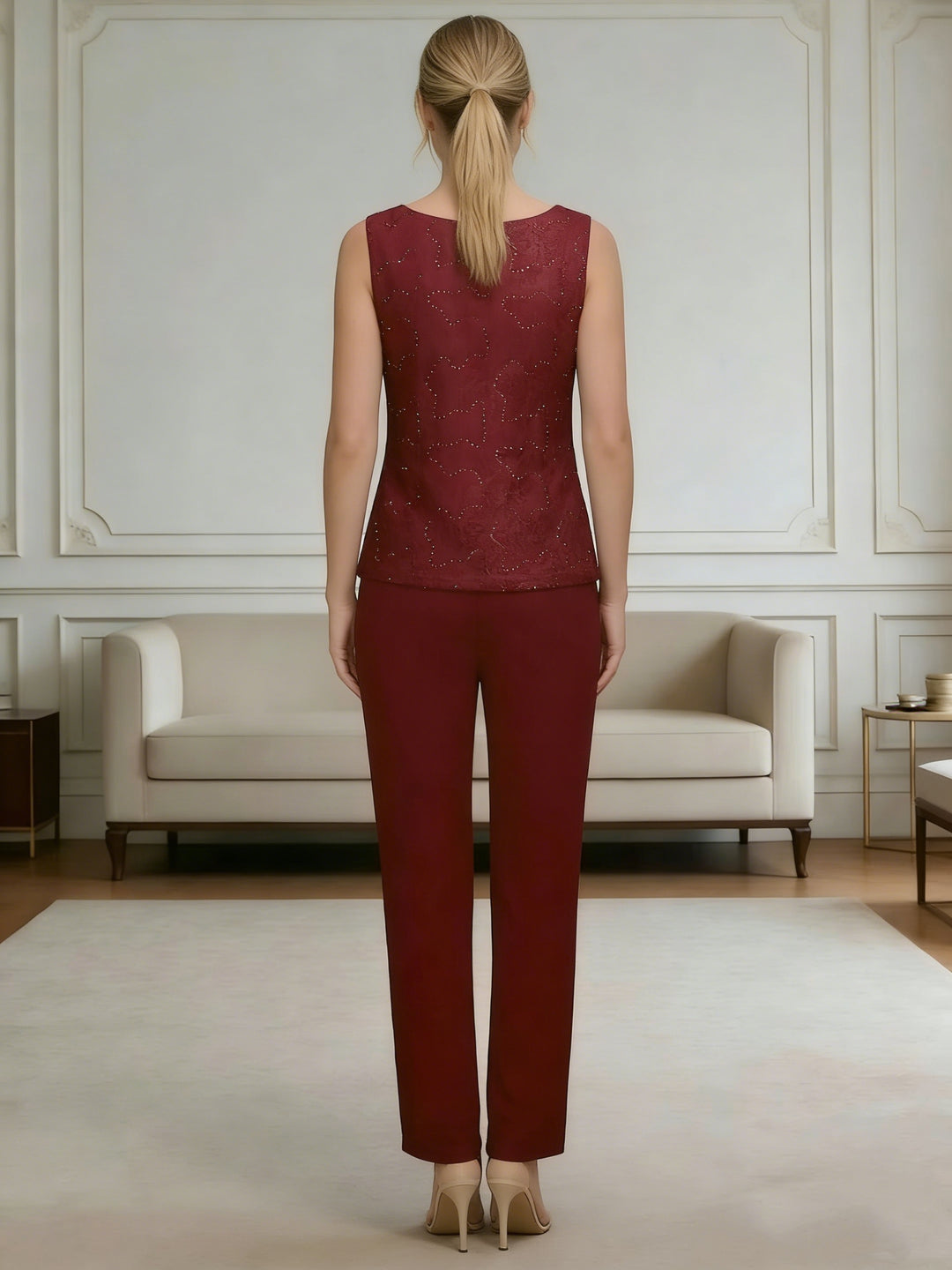 Ensemble pantalon 3 pièces mousseline dentelle mère de la mariée décente