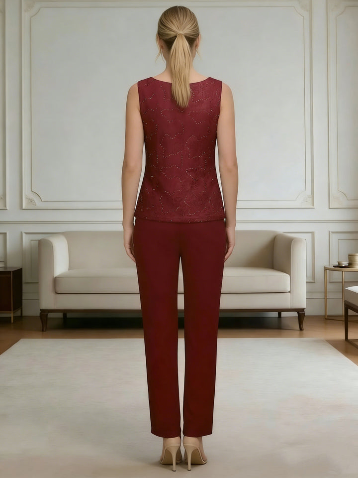 Ensemble pantalon 3 pièces mousseline dentelle mère de la mariée décente