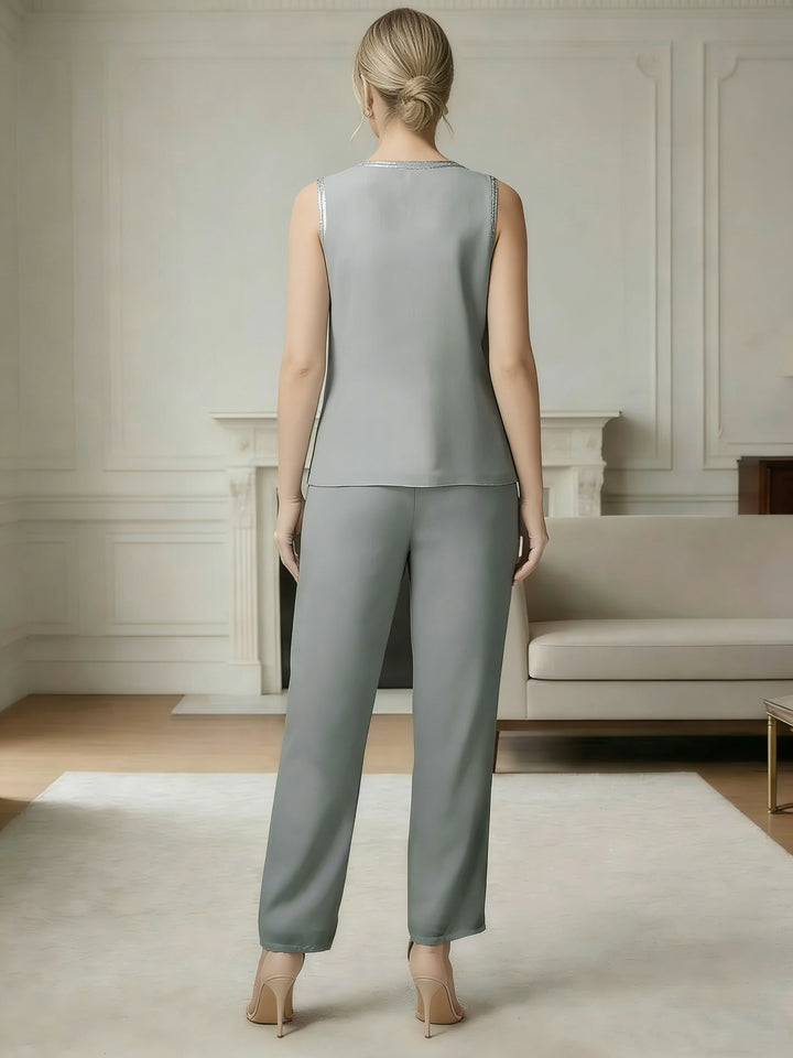 Ensemble pantalon 3 pièces mousseline mère de la mariée manches longues