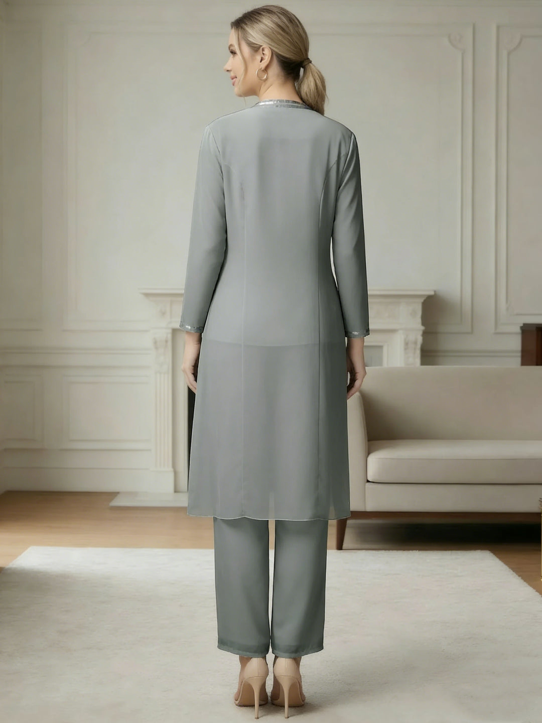 Ensemble pantalon 3 pièces mousseline mère de la mariée manches longues