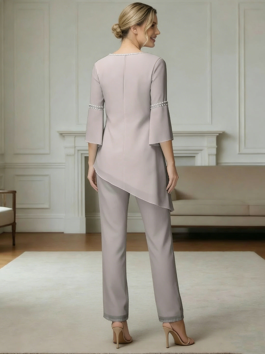 Ensemble pantalon 2 pièces mousseline mère de la mariée manches mi-longues
