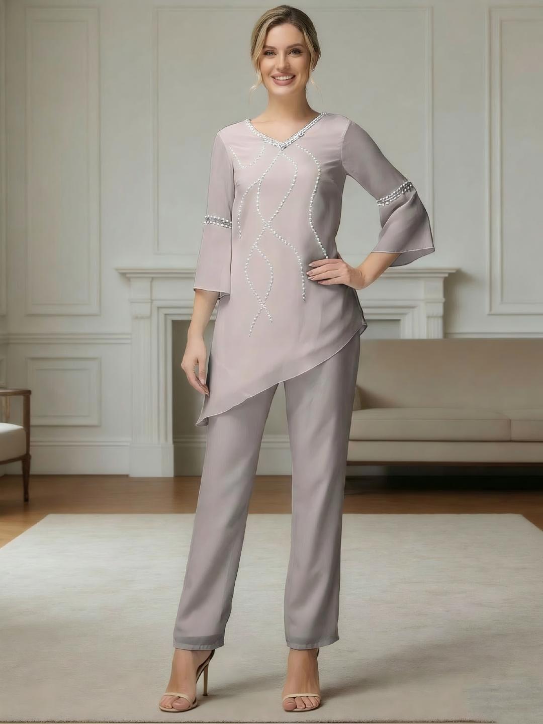 Ensemble pantalon 2 pièces mousseline mère de la mariée manches mi-longues
