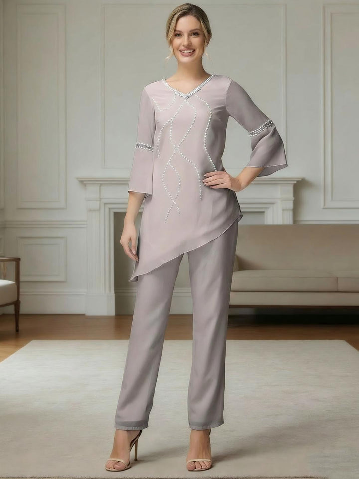 Ensemble pantalon 2 pièces mousseline mère de la mariée manches mi-longues