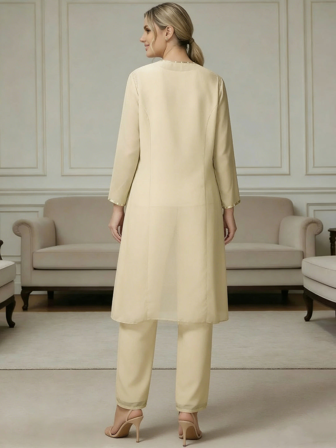 Ensemble pantalon 3 pièces mousseline mère de la mariée manches longues