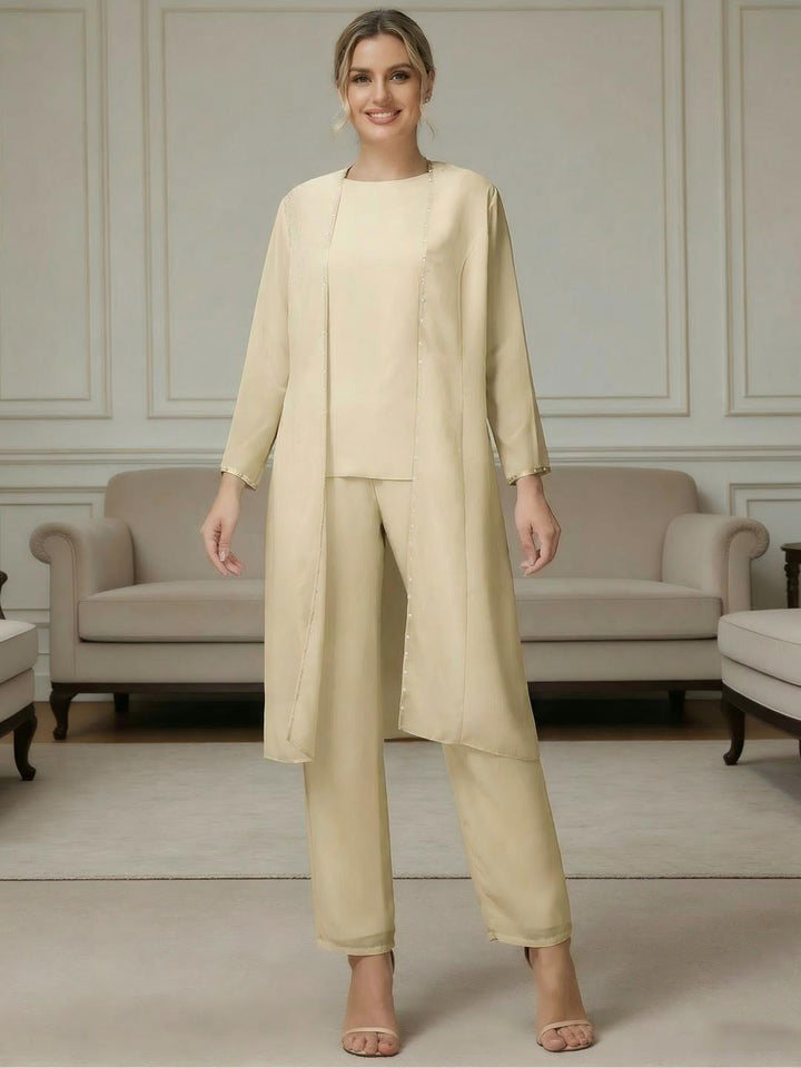 Ensemble pantalon 3 pièces mousseline mère de la mariée manches longues