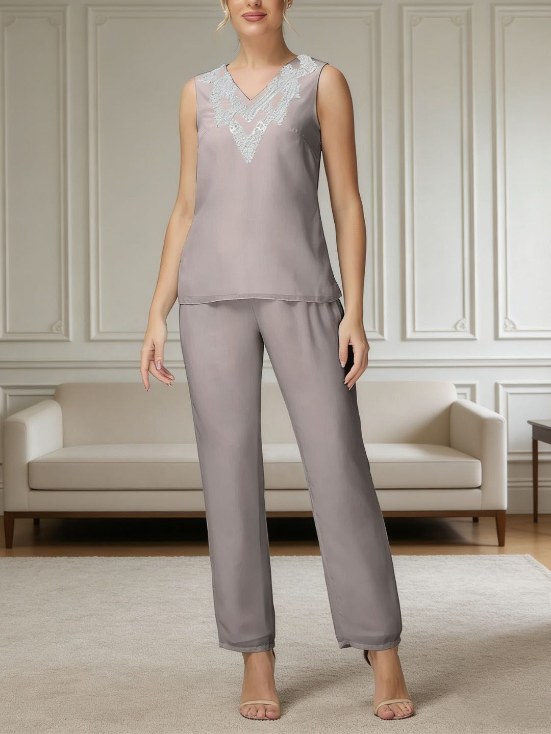 Ensemble pantalon 3 pièces mousseline paillettes mère de la mariée