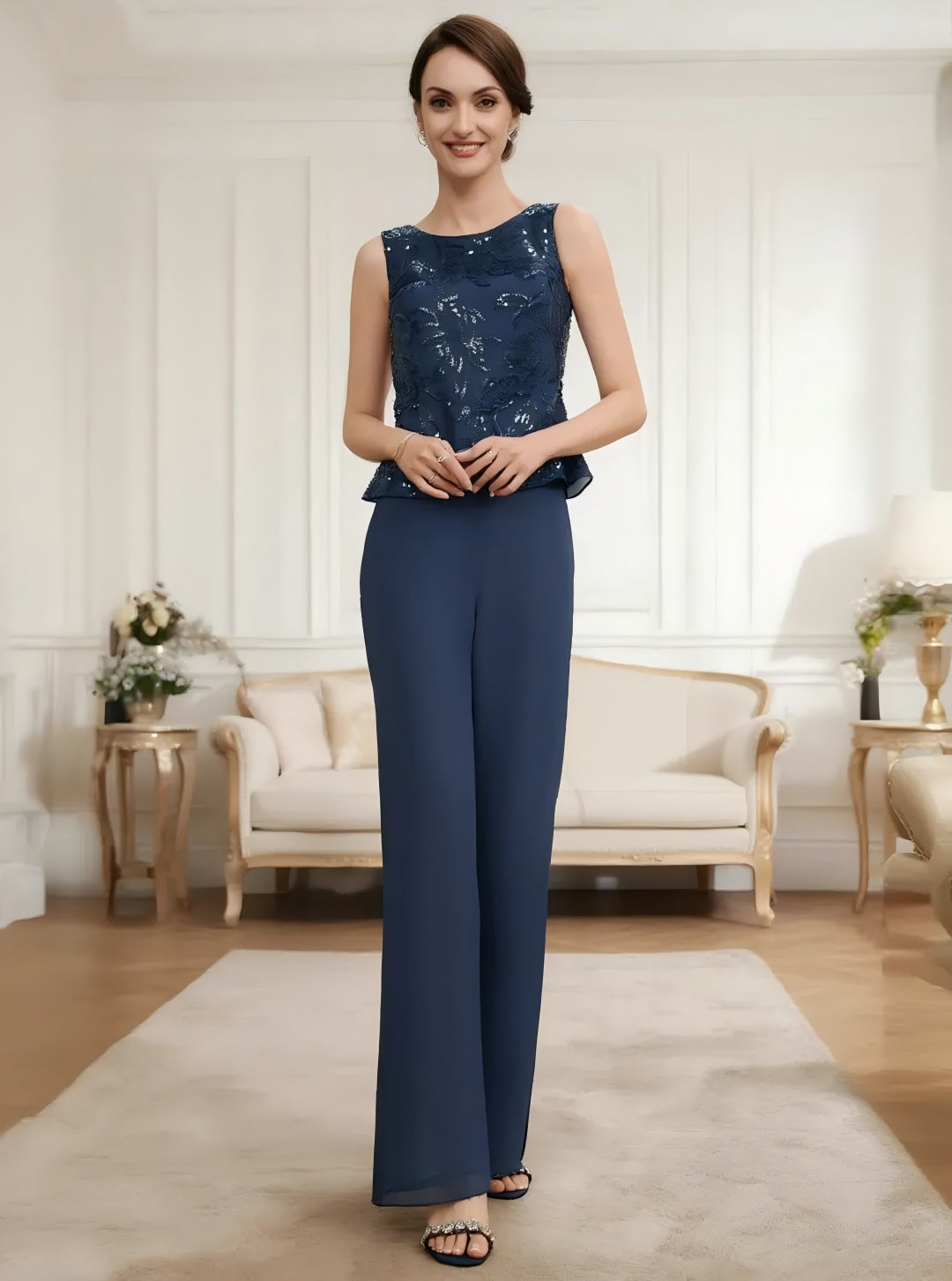 Ensemble pantalon dentelle sequins bleu marine