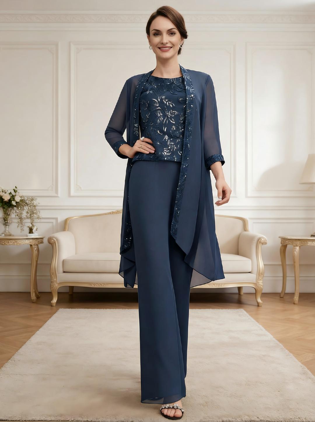 Ensemble pantalon dentelle sequins bleu marine