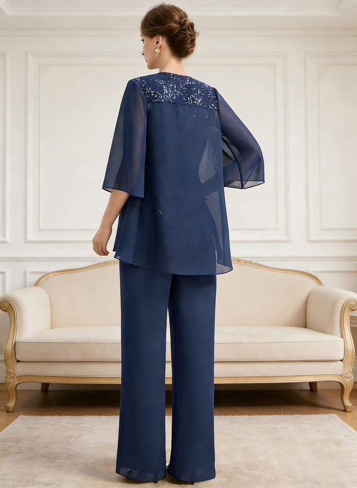 Ensemble pantalon dentelle sequins bleu marine