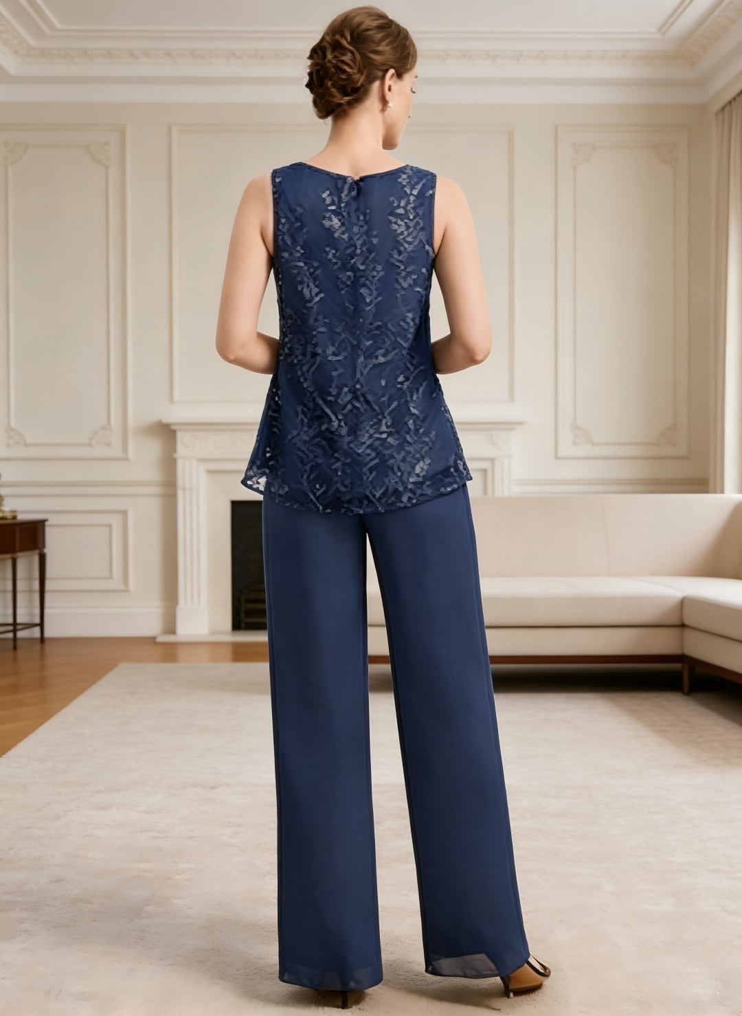 Ensemble pantalon dentelle sequins bleu marine