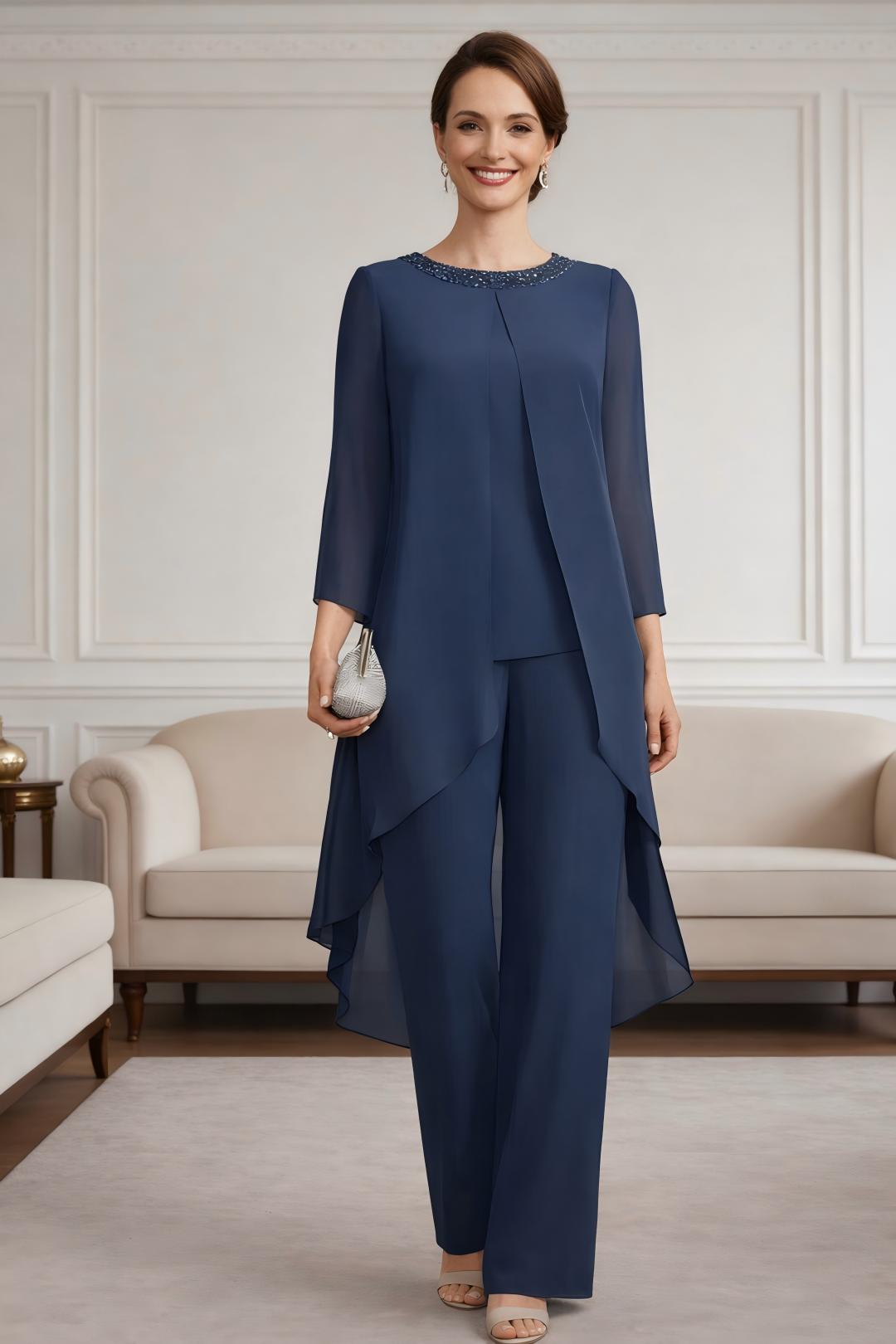 Ensemble pantalon mousseline sequins bleu marine