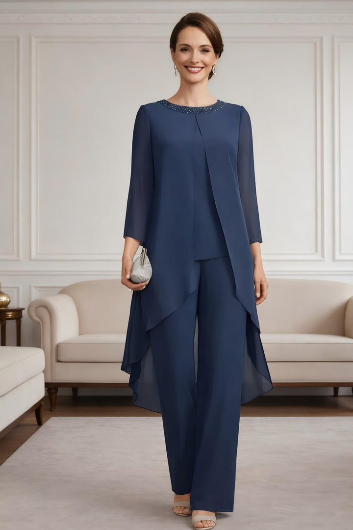 Ensemble pantalon mousseline sequins bleu marine