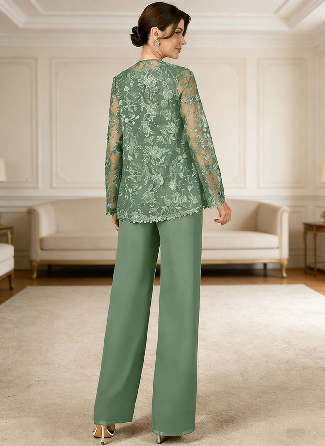 Ensemble pantalon dentelle sequins col V eucalyptus