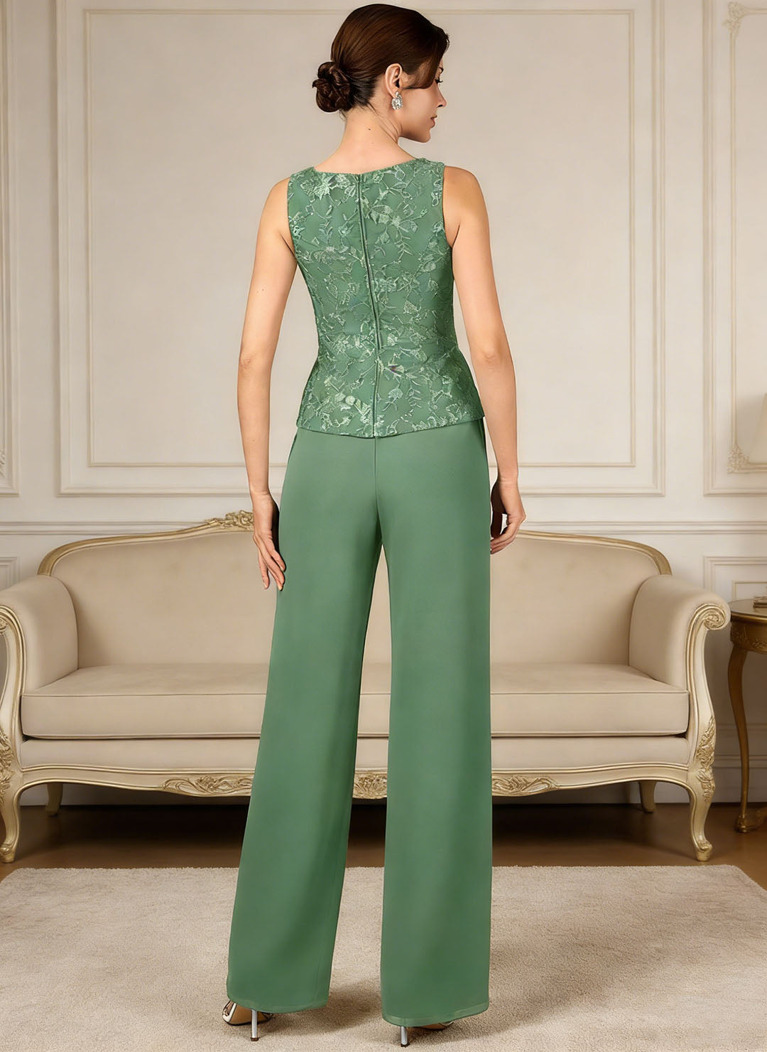 Ensemble pantalon dentelle sequins col V eucalyptus