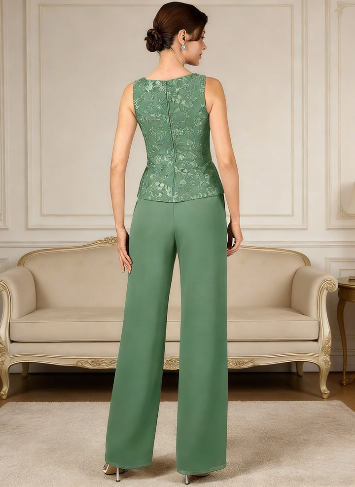 Ensemble pantalon dentelle sequins col V eucalyptus