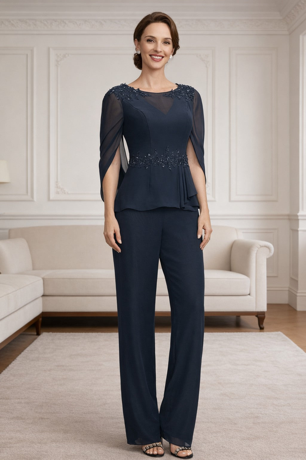 Ensemble pantalon dentelle sequins bleu marine foncé