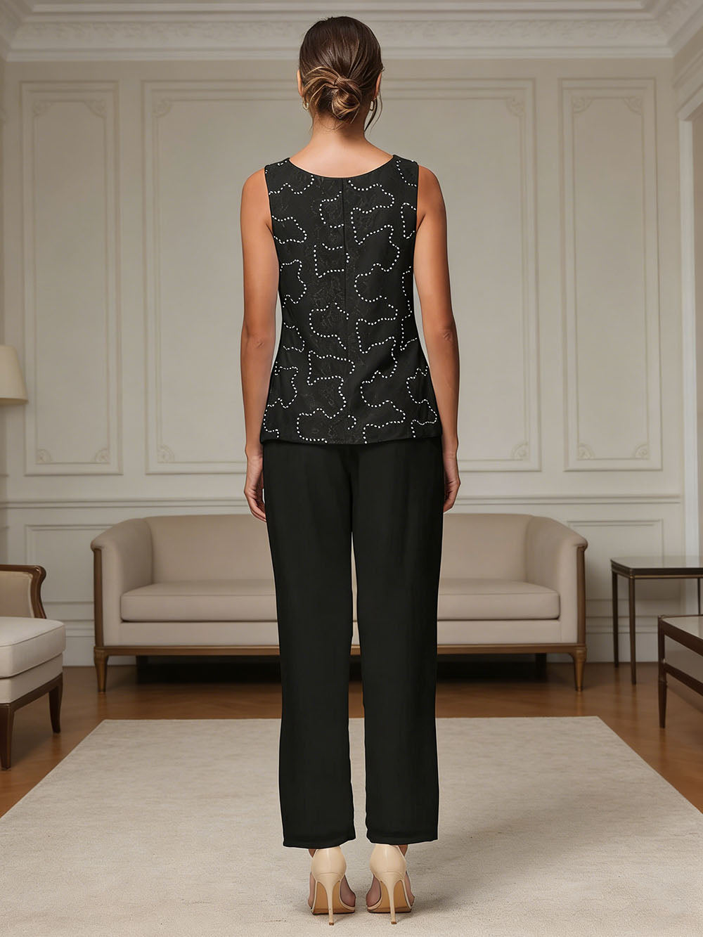 Ensemble pantalon 3 pièces mère de la mariée mousseline dentelle manches longues