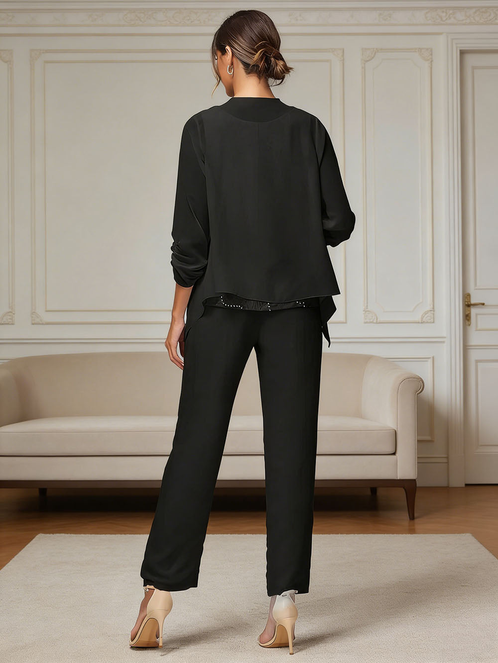 Ensemble pantalon 3 pièces mère de la mariée mousseline dentelle manches longues