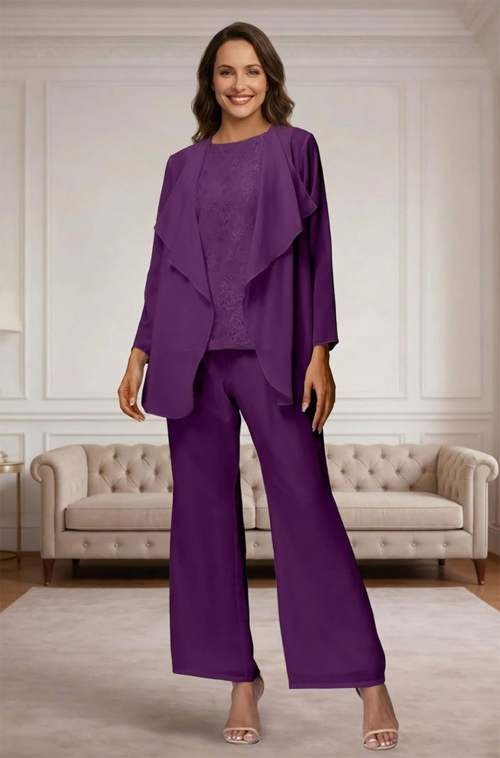 Ensemble pantalon pour mère de la mariée, 3 pièces, manches longues, en chiffon et dentelle